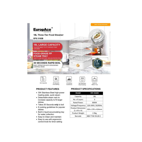 EUROPACE 3-TIER FOOD STEAMER EFS3182B
