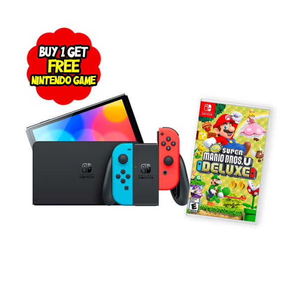 NINTENDO GAMING BUNDLE SWITCH OLED NEON/RED JOY CON + NEW SUPER MARIO