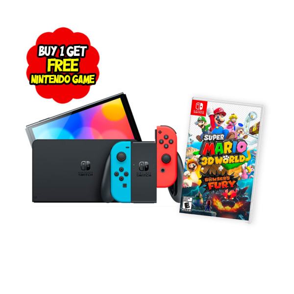 NINTENDO GAMING BUNDLE SWITCH OLED NEON/RED JOY CON + SUPER MARIO 3D 