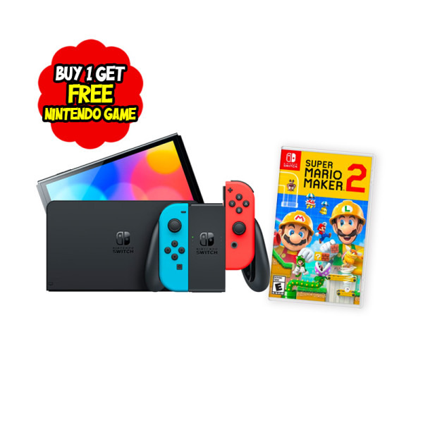 NINTENDO GAMING BUNDLE SWITCH OLED NEON/RED JOY CON + SUPER MARIO MAKER 2