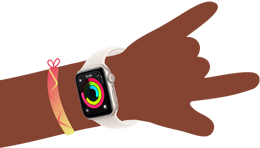 Cartoon illustration of kid's wrist wearing Apple Watch SE 3 with the Activity app open on the screen