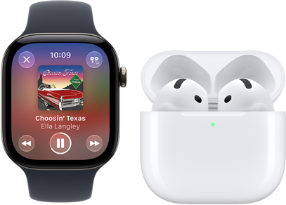 Apple Watch Series 12, aluminium case, black colour, black Sport Band, Apple Music app open, paired with AirPods 4