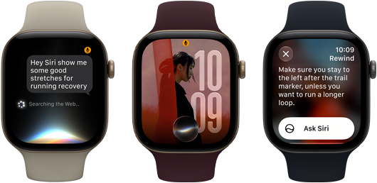 Three Apple Watch Series 12 devices, one with light gold aluminium case, Siri AI conversation, sand Sport Band, one with light gold aluminium case, personalised photo on watch face with Siri AI complication, burgundy Sport Band and one with space grey aluminium case, Siri Recap, black Sport Band