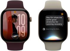 Three Apple Watch Series 12 devices, one with light gold aluminium case, Siri AI conversation, sand Sport Band, one with light gold aluminium case, personalised photo on watch face with Siri AI complication, burgundy Sport Band and one with space grey aluminium case, Siri Recap, black Sport Band