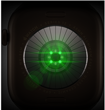 Back of Apple Watch Series 12, aluminium case, dark bronze colour, multiple round sensors with glowing green LED lights, left side exterior, Digital Crown, Sport Band, olive colour