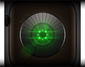Back of Apple Watch Series 12, aluminium case, dark bronze colour, multiple round sensors with glowing green LED lights, left side exterior, Digital Crown, Sport Band, olive colour