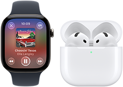 Apple Watch Series 12, aluminium case, black colour, black Sport Band, Apple Music app open, paired with AirPods 4