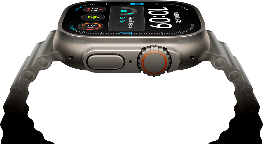 Apple Watch Ultra 4, titanium case, natural colour, digital clock face, complications: readiness, heart rate, Workouts, temperature, right side exterior, Digital Crown, raised side button, Ocean Band, translucent grey colour