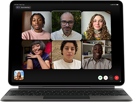 iPad Air, attached to Magic Keyboard, Black colour, Group FaceTime call on screen