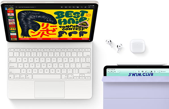iPad Air, Starlight colour, colourful graphics on screen, attached to Magic Keyboard, AirPods Pro and Apple Pencil Pro accessories
