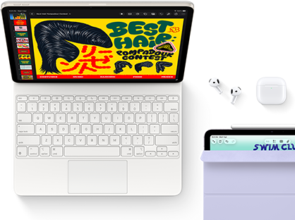 iPad Air, Starlight colour, colourful graphics on screen, attached to Magic Keyboard, AirPods Pro and Apple Pencil Pro accessories