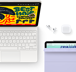 iPad Air, Starlight colour, colourful graphics on screen, attached to Magic Keyboard, AirPods Pro and Apple Pencil Pro accessories