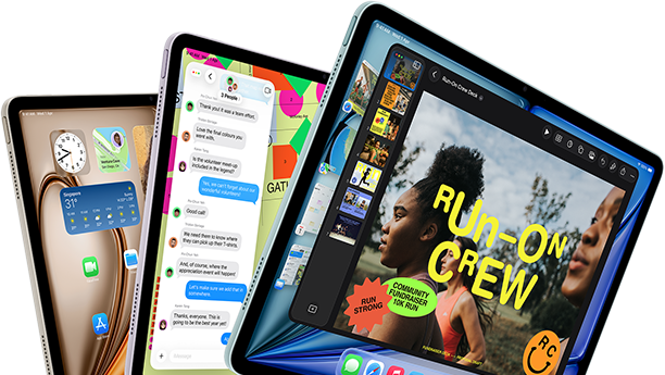 Three iPad Air displays in fan-like arrangement, colours: Blue, Purple, Starlight, front exterior, side exterior, screens show Keynote app, Messages and Home Screen