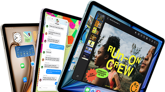 Three iPad Air displays in fan-like arrangement, colours: Blue, Purple, Starlight, front exterior, side exterior, screens show Keynote app, Messages and Home Screen