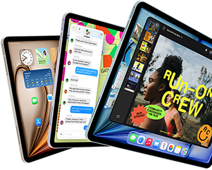 Three iPad Air displays in fan-like arrangement, colours: Blue, Purple, Starlight, front exterior, side exterior, screens show Keynote app, Messages and Home Screen