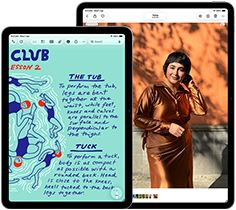 Two iPad Air, sizes: 11-inch and 13-inch, 11-inch shows colourful text on the Notes app, 13-inch screen shows a photo of a person on the Photos app