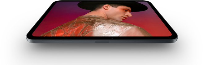 iPad mini, 8.5-inch OLED display, bright and deep blacks, showing a person wearing a hat and jacket