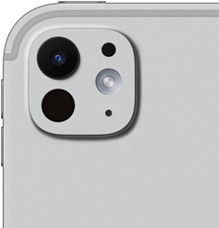iPad Pro, back exterior, silver colour, pro camera system with five-element lens and adaptive true tone flash