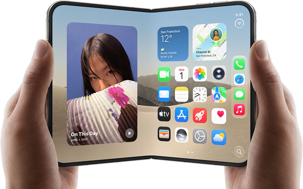 iPhone Duo, held by two hands in landscape orientation, unfolded, interior screen displays photos on the left, apps on the right