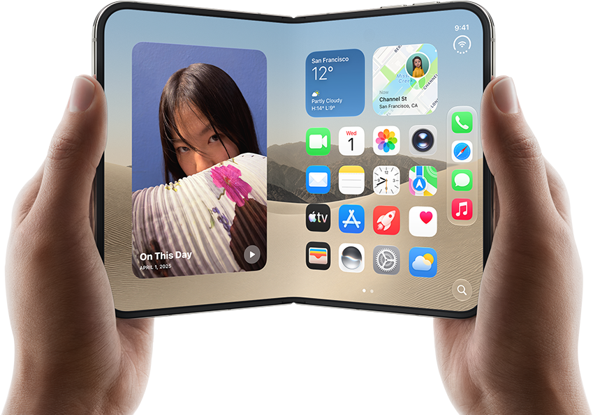 iPhone Duo, held by two hands in landscape orientation, unfolded, interior screen displays photos on the left, apps on the right