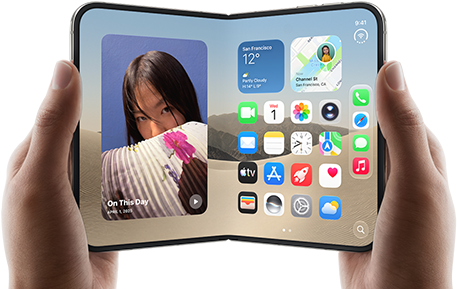 iPhone Duo, held by two hands in landscape orientation, unfolded, interior screen displays photos on the left, apps on the right